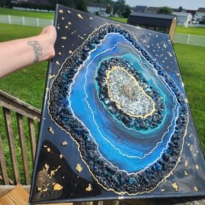 resin geode inspired wall art with real 24k gold flake and crystal quarts